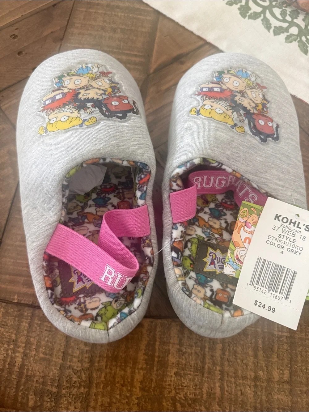Kids Grey Rugrats Character Clog Footie Slippers with Pink Strap